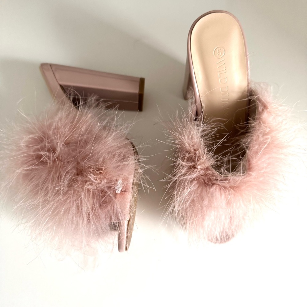 Wild Diva Blush Pink Feathered Slip On Heeled Mules size 5 - Picture 11 of 15